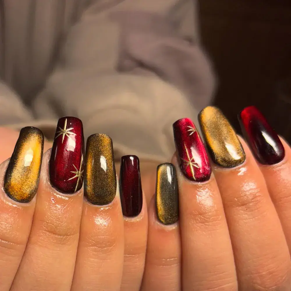 Metallic red and gold nail art by Avalon Nailz