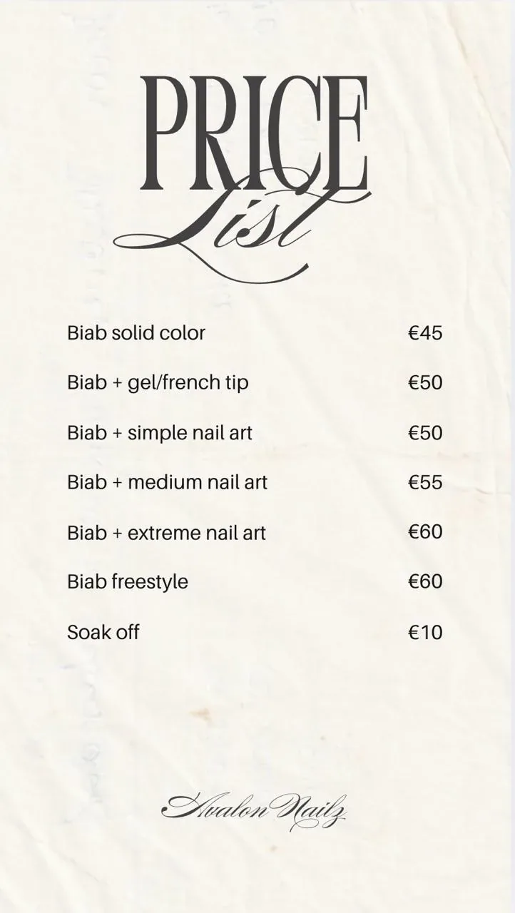 Avalon Nailz Biab price list